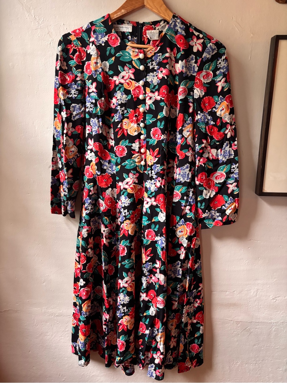 Vintage Liz Claiborne Black Floral Long Sleeve Fit-and-Flare Rayon Dress